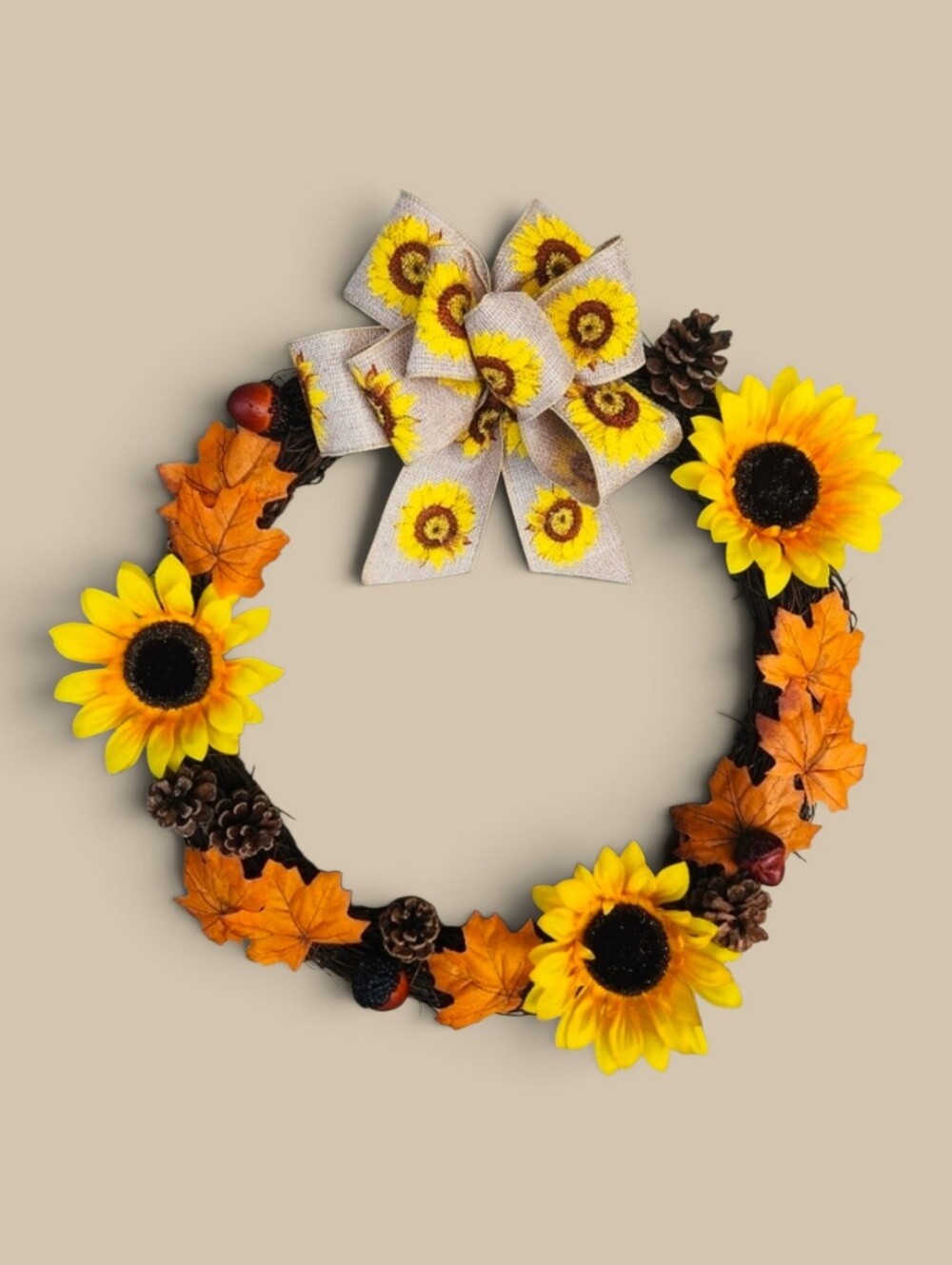 Autumn Sunflowers & Leaves Fall Wreath with Bow